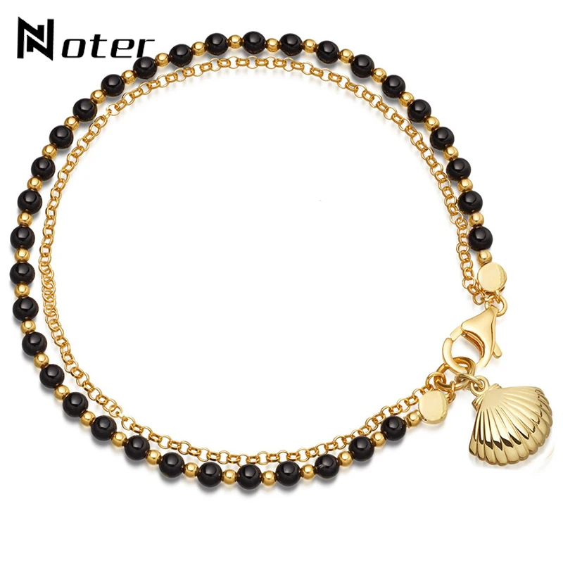 Женский многослойный браслет из маленьких бусин Noter Boho золотой с цепочкой летний