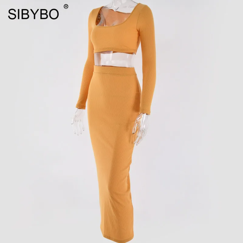 Sibybo, Ребристое, с длинным рукавом, сексуальное, из двух частей, платье, квадратный воротник, высокая талия, повседневное, облегающее, одноцветное, Клубные, вечерние, женское платье