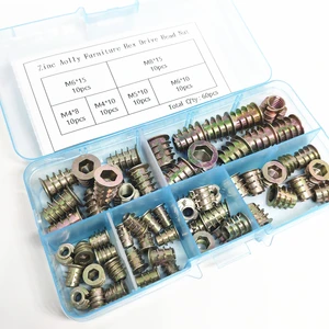 Набор мебельных гаек с шестигранной головкой, для вставки под дерево, M4, M5, M6, M8, резьба из цинкового сплава, 60 шт.