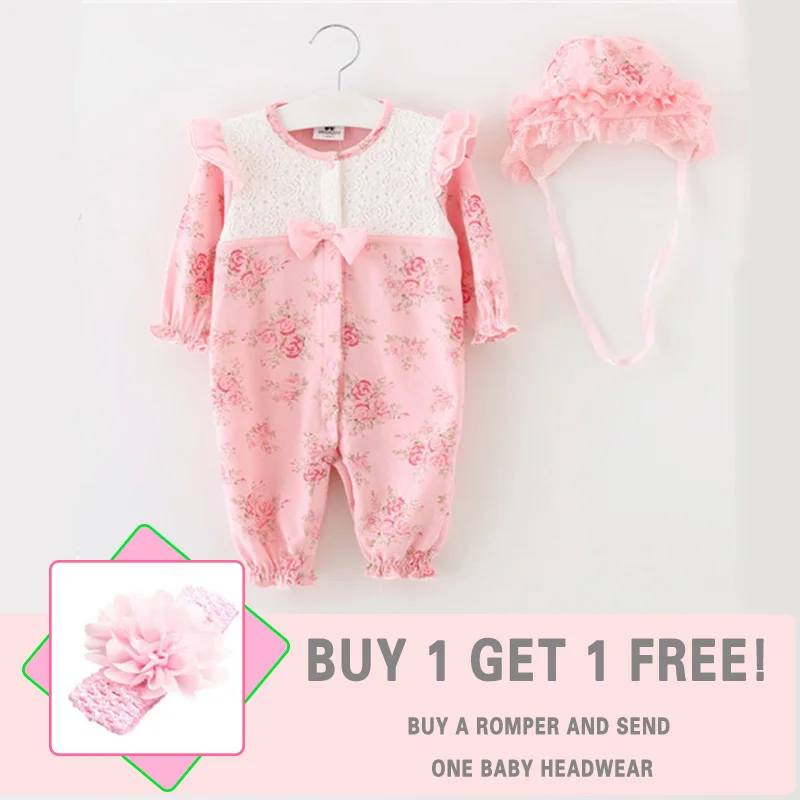 lace pink Одежда для маленьких девочек с цветочным рисунком; Хлопковые комбинезоны для новорожденных; Одежда для новорожденных с длинными рукавами; шапки; осенне-зимний костюм для младенцев - Цвет: lace pink