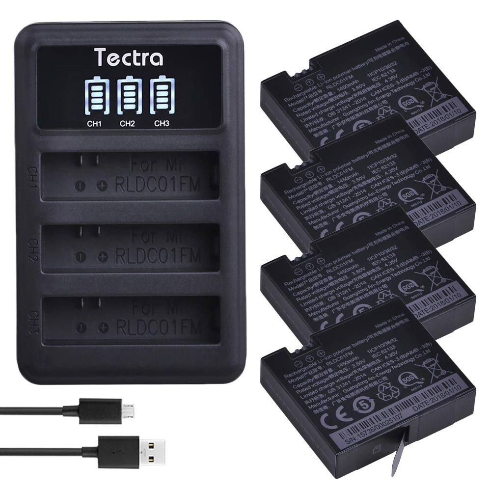 

Tectra 4PCS 1450mAh 3.80V Original Mijia 4k Battery+ LED 3Slots USB Charger for Sport Xiao mi Mi Jia Action Mini Cameras battery