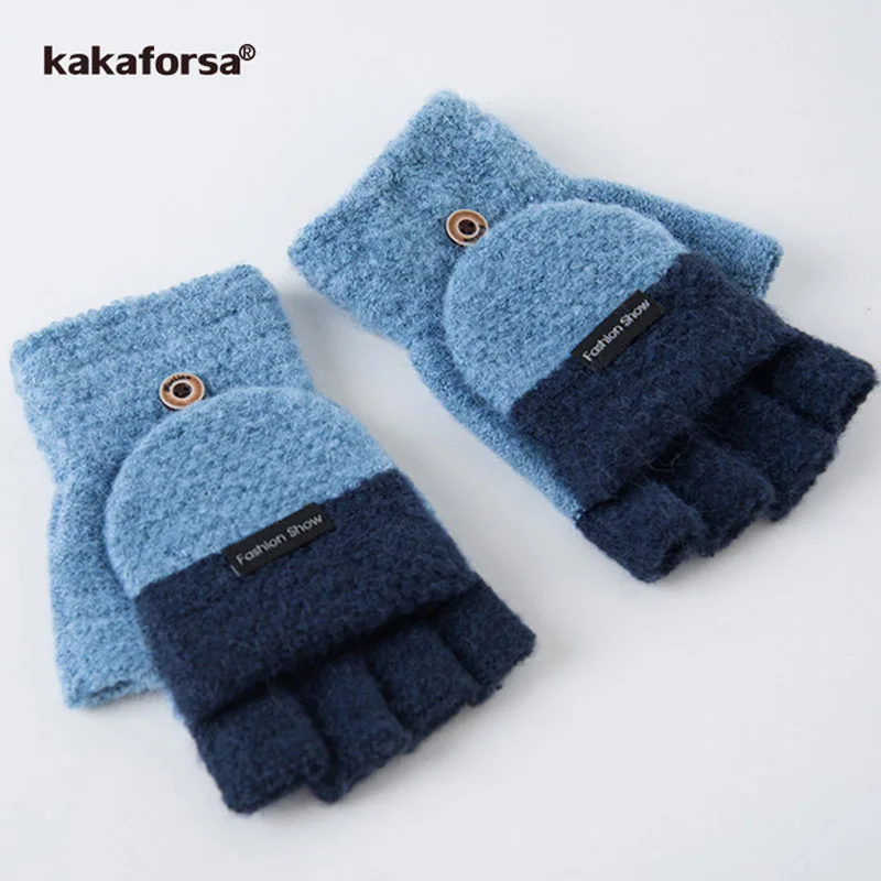B308004-Blue Kakaforsa женские теплые вязаные варежки Зимние перчатки для сенсорного экрана женские вязаные толстые перчатки без пальцев нейлоновые варежки Новинка - Цвет: B308004-Blue