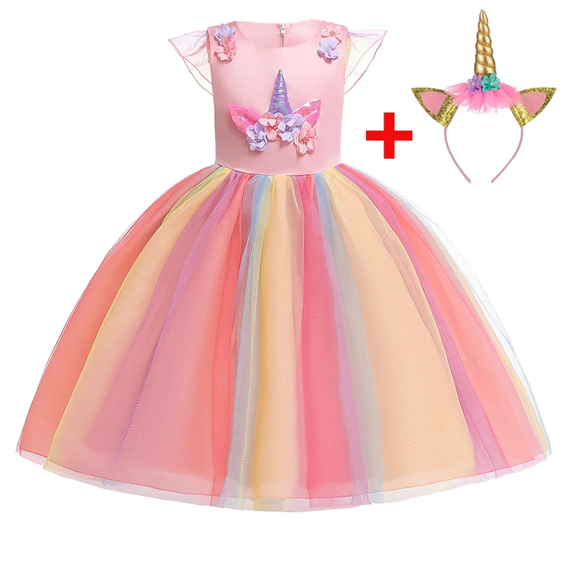 Радужное вечернее платье для девочек с цветами и единорогом Свадебное бальное
