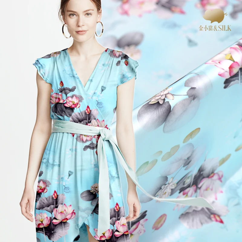 

Digital inkjet lotus silk fabric satin 19mm soft cheongsam garment silk stretch satin fabric wholesale silk cloth 108cm