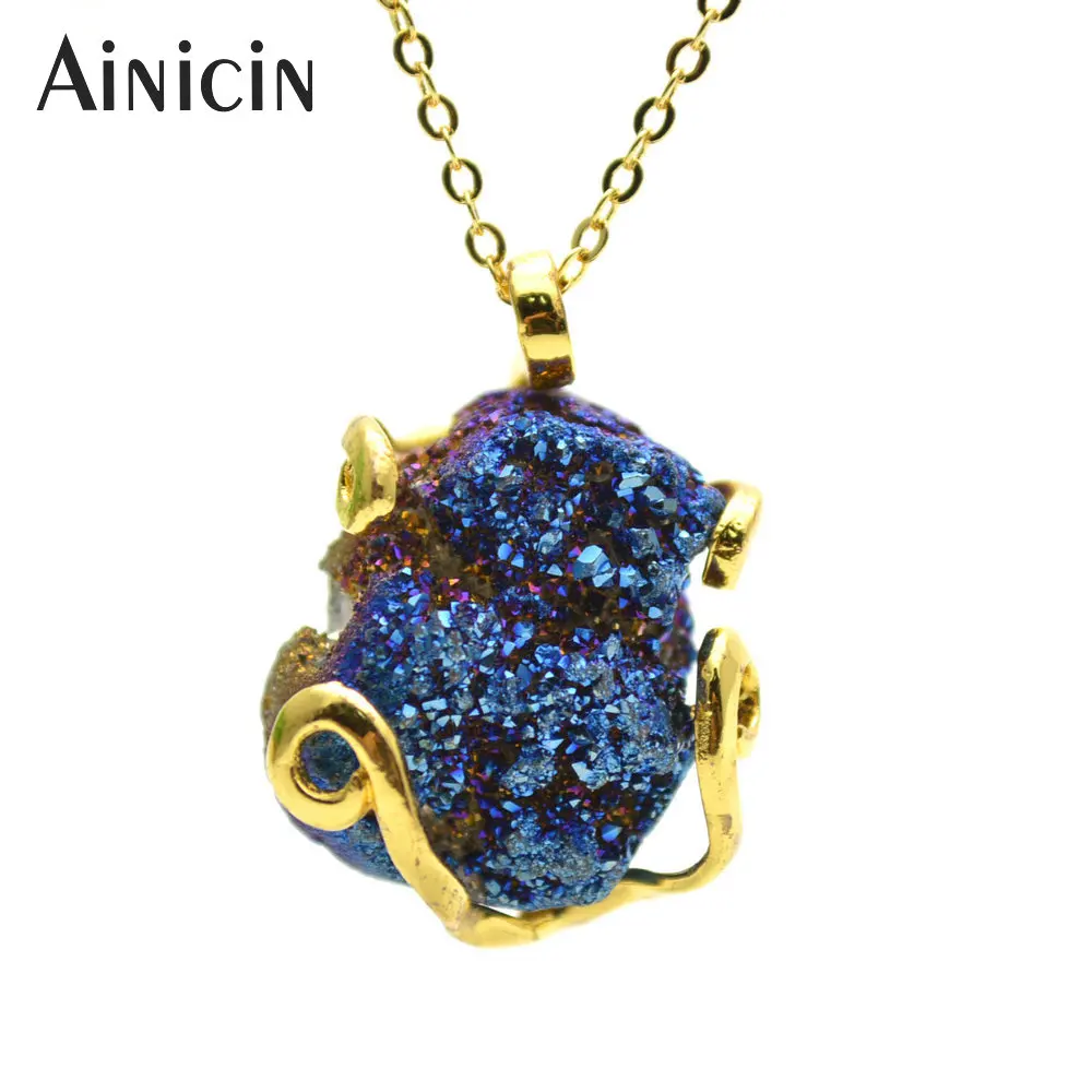 

5pcs Navy Blue Natural Drusy Crystal Tortoise Shape Pendant Necklace For Men and Women