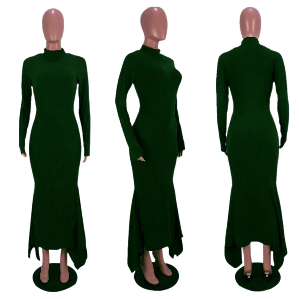 Full Sleeve Ribbed Knitted Dress Women Autumn Winter Bandage Bodycon Long Dresses Fashion Sweater Mermaid Party Wear | Женская одежда