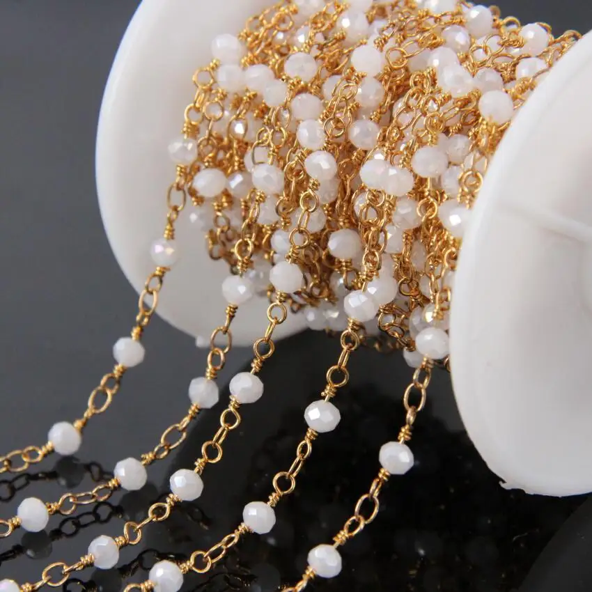 

5Meter White titanium AB Glass Faceted Rondelle Beads Chains,plating Gold Wire Wrapped loop Rosary Chain Necklace bracelet