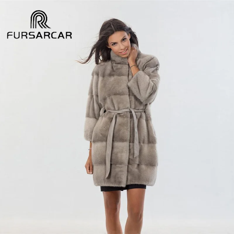 Женская шуба из натурального меха норки FURSARCAR элегантная натуральной 85 см с