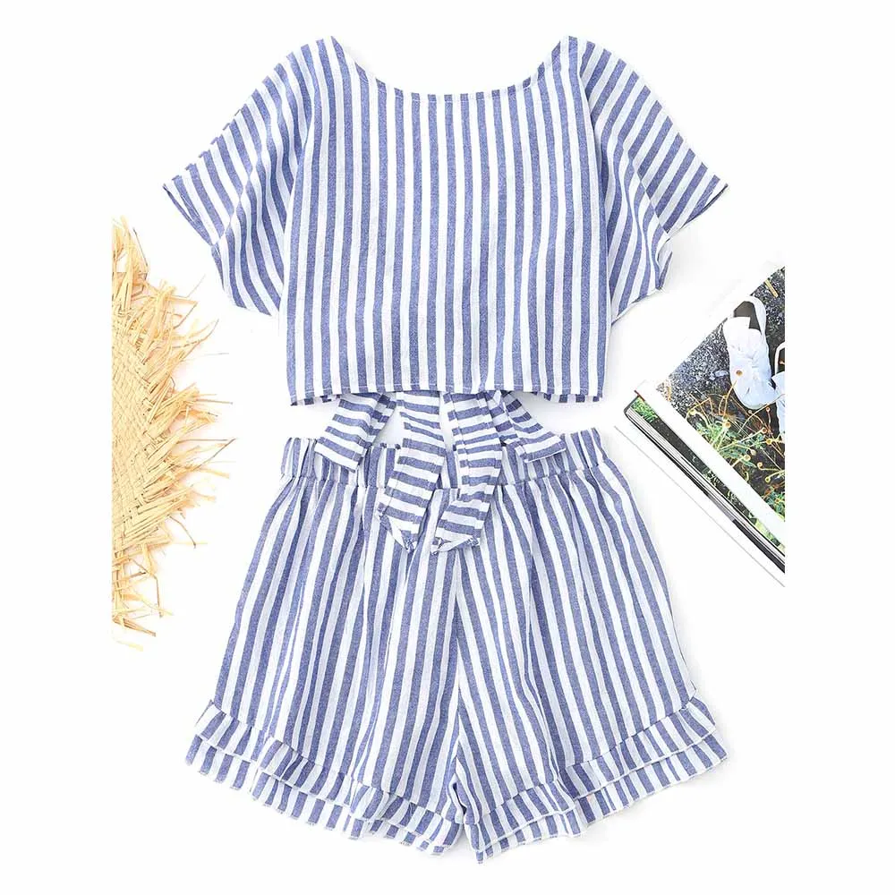 ZAFUL Полосатые укороченные топы Tiered Hem Шорты женские комплекты 2018 Summer Beach V шеи