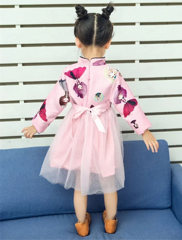 Cheongsam/платья принцессы для детей; платье-пачка с цветочным узором для девочек; Весенняя модная верхняя одежда; детская одежда для девочек; одежда для малышей