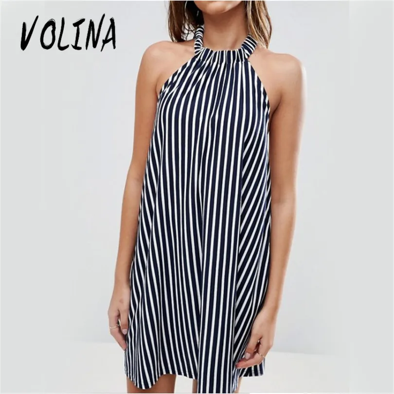 Volina 2017 casual dress striped для женщин платья без рукавов холтер мода с плеча vestidos