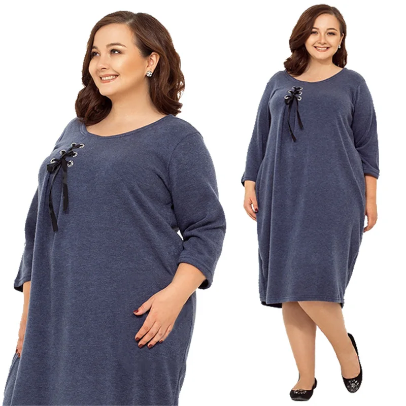 5XL 6XL осенне-зимнее свободное Повседневное платье длиной до колена размера плюс, женская одежда, однотонные платья больших размеров синего и темно-синего цвета Vestidos