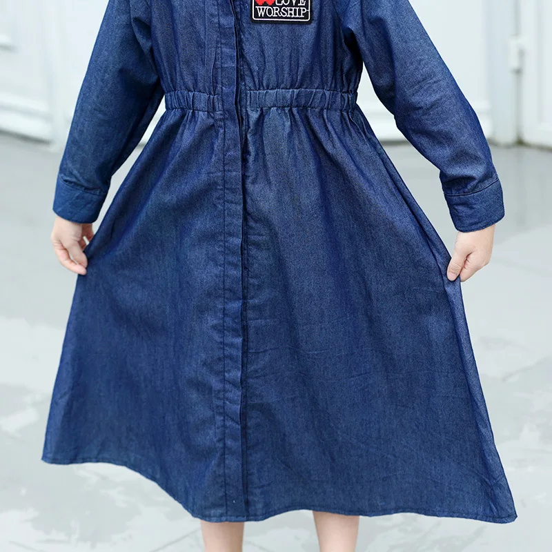 Teenage Girl Long Dress Denim Sleeve Maxi Embroidery Casual with Pockets Children Outfit 8 10 12 14 15 years | Детская одежда и