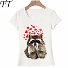 Футболка женская летняя Акварельная с принтом красных сердец и енота