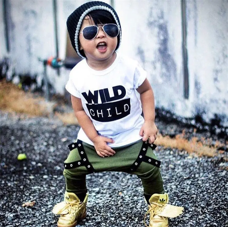 Малыш для маленьких мальчиков Wild Child футболка Топы и длинные штаны Одежда