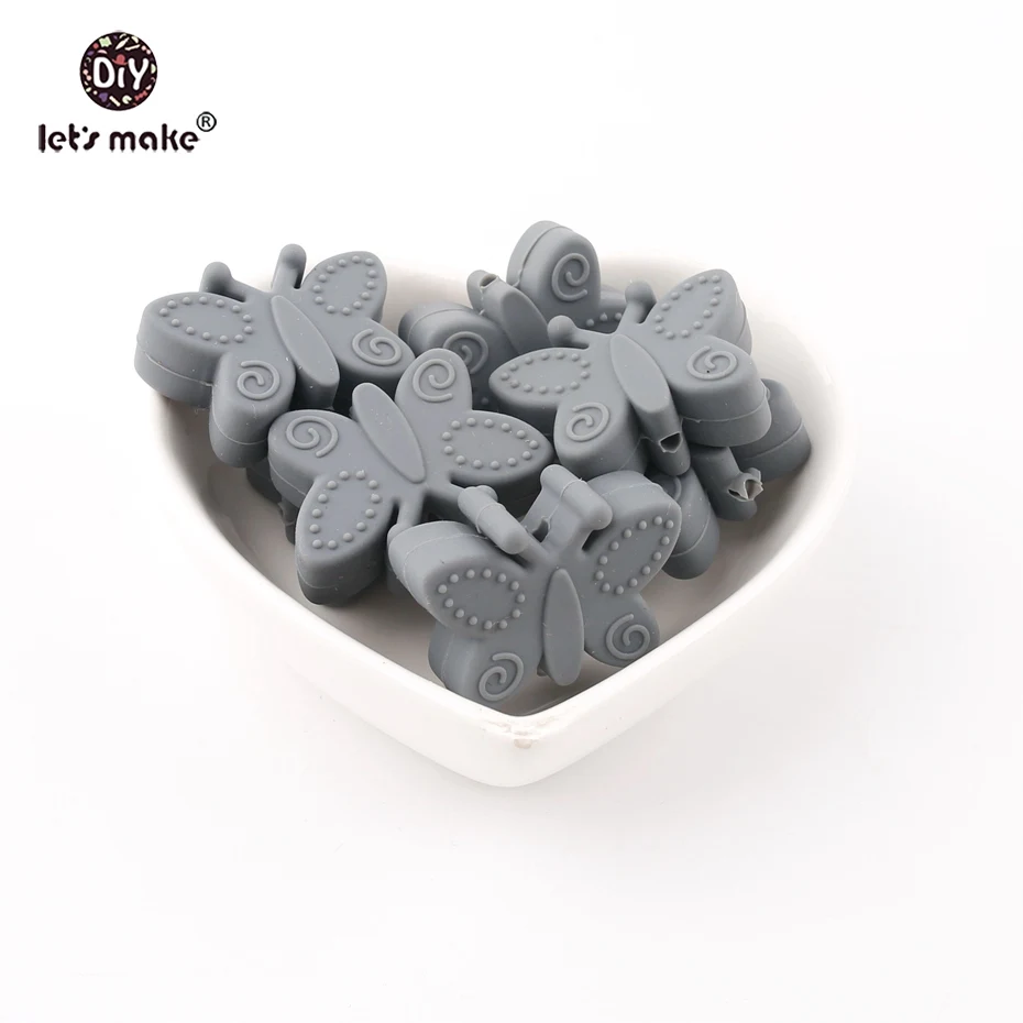 butterfly grey Давайте изготовим Силиконовые Прорезыватели в виде бабочек, 10 шт., без бисероплетения, силиконовые бусины, картонная коробка, сделай сам, мобильная детская коляска, Детские Прорезыватели - Цвет: butterfly grey