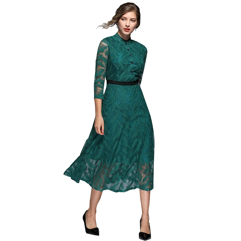 Trytree летнее осеннее однотонное зеленое платье кружевное полиэфирное
