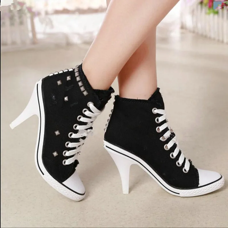 Women Canvas Shoes Denim High Heels black Rivets Shoes Fashion Shoe Laces Sneakers Women Short Boots