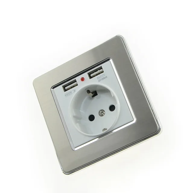 Настенная розетка EsooLi розетка мощность 16A ЕС стандартный выход с 2A двойной usb-порт для зарядки для мобильного телефона нержавеющая сталь USB разъем питания - Тип: Настенная розетка
