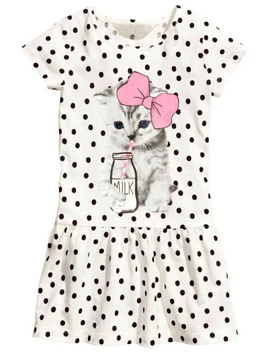 2018 Fashion New Summer Girls Dot Dress Short Sleeve Cartoon Cat Princess Lovely Beautiful School Kid Clothes | Детская одежда и