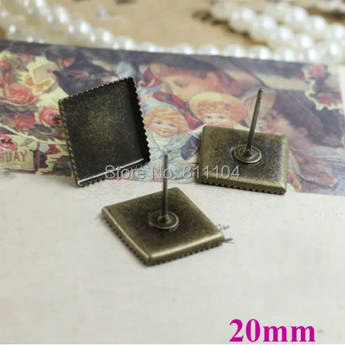 

20x20mm Vintage Antique Bronze tone Blank Bases Square Bezel Cabochon Settings Earrings Stud Pins Findings Crafts Wholesale