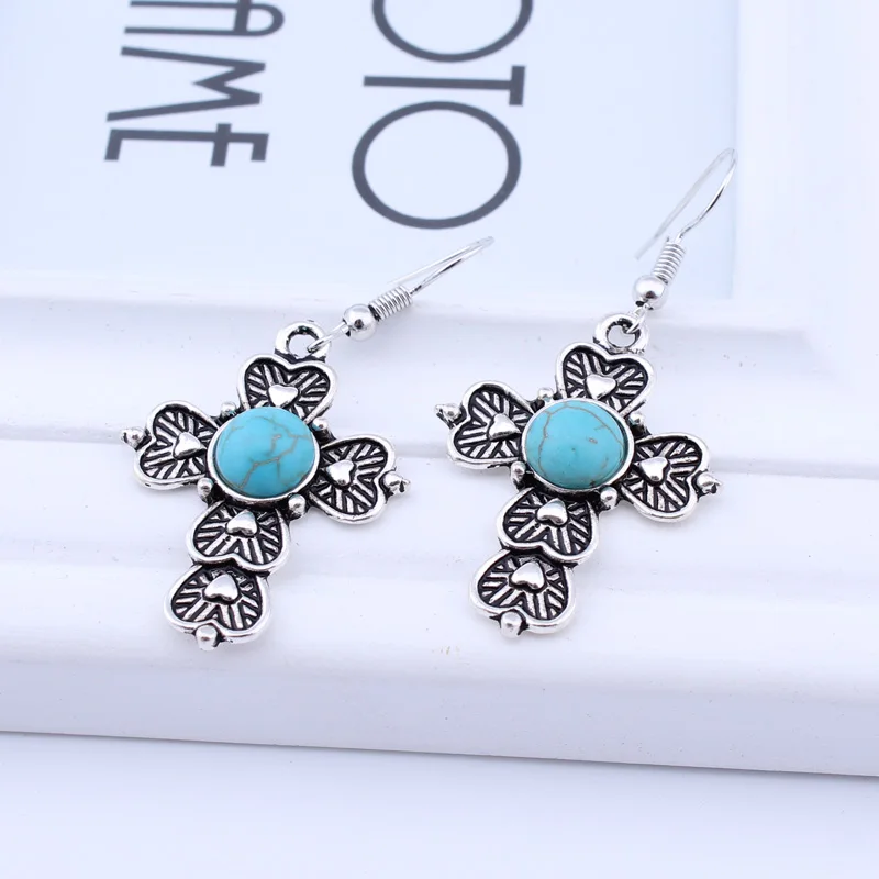

Seblasy Vintage Tibet Sliver Color Bohemian Natural Stone Hearts Cross Dangle Earrings for Women Simple Style Party Jewelry Gift