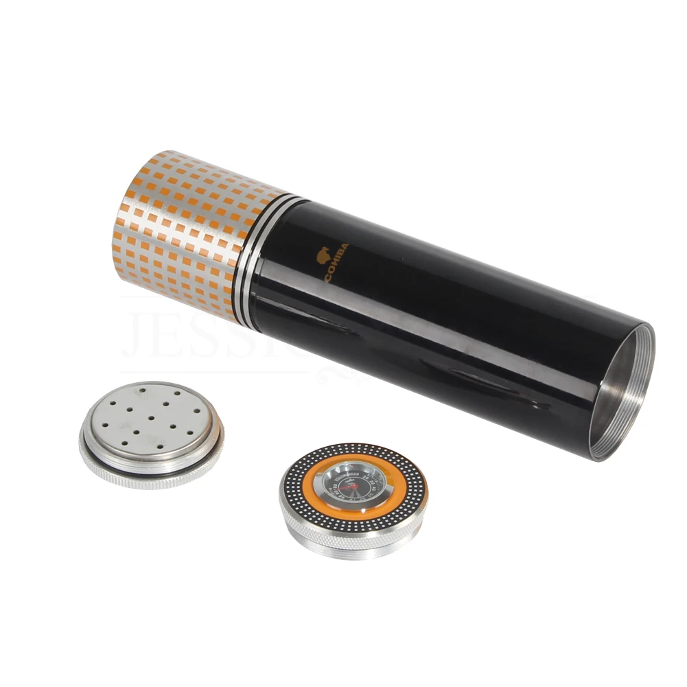 COHIBA труба металлическая для сигары путешествия Humidor коробка портативный 3 трубки сигары Чехол W/увлажнитель с гигрометром открытый хьюмидор для сигар банка - Цвет: Black COHIBA