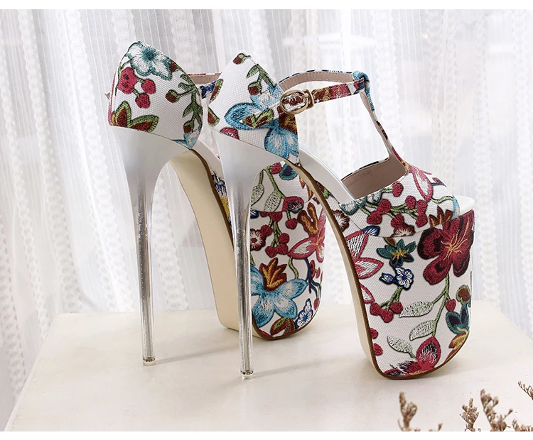 LLXF zapatos/Большие размеры: 34-42, 43, Летние Босоножки с открытым носком и цветочным принтом пикантные туфли на тонком высоком каблуке 20 см для ночного клуба женские туфли-лодочки на шпильке