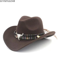 luckylianji child kid boy girl wool felt 100 western cowboy hat wide brim cowgirl cow head leather band one size54cm