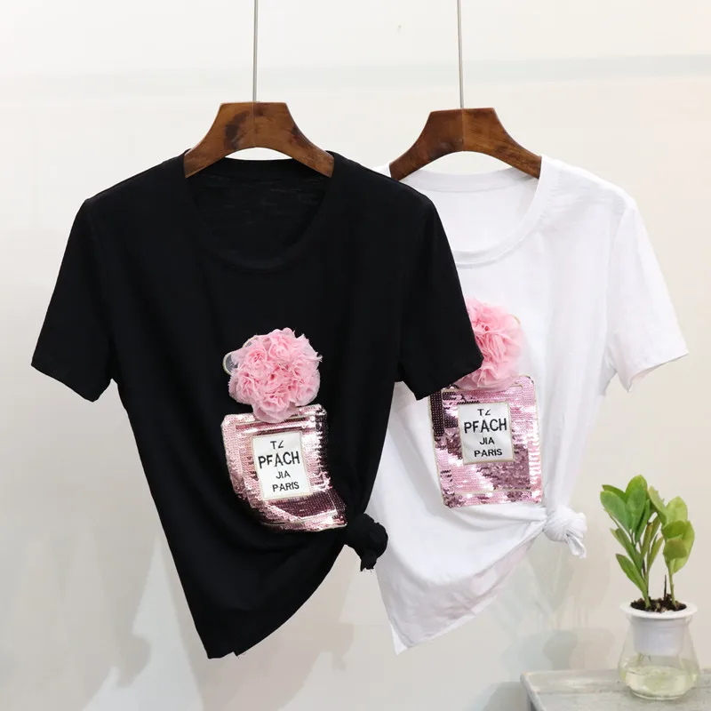 Amolapha Summer Women Casual Sequins T Shirts Perfume Bottle Short Sleeve O Neck Feminino Woman Solid Leisure T-shirt Tops | Женская