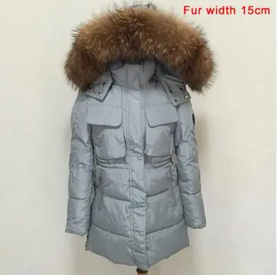 light blue 15cm fur YEYELANA, высокое качество, большой натуральный мех,, зимняя куртка для женщин, натуральный мех енота, воротник с капюшоном, плотное пальто, женская зимняя парка - Цвет: light blue 15cm fur