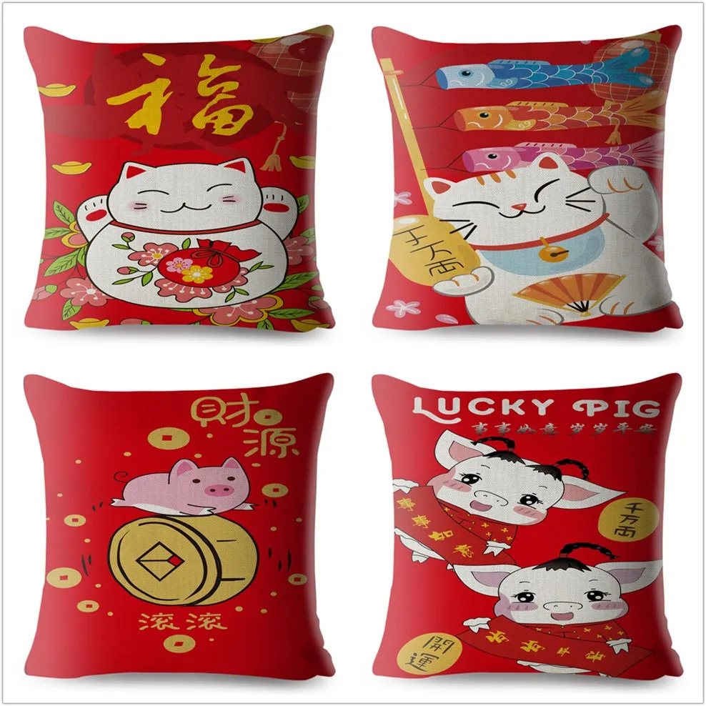 Новый год с изображением из мультфильма Lucky Cat наволочка принтом 45*45 см льняные