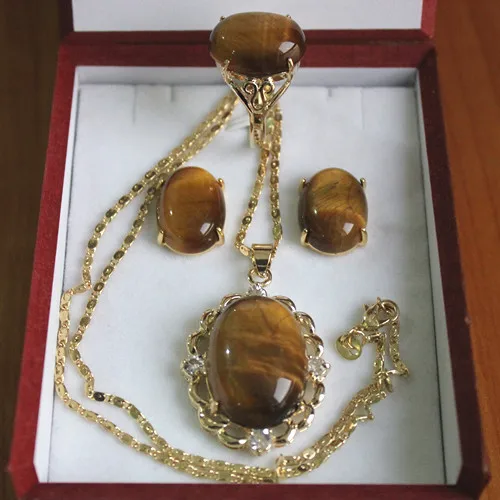 

wholesale fine Inlay tiger eye jade pendant necklace earring & ring jewelry set