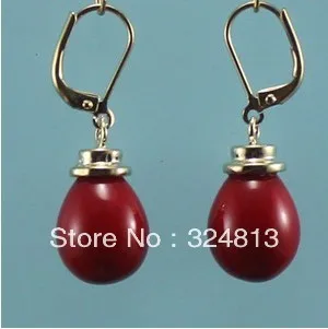 

BEAUTIFUL PAIR 14MM RED SHELL PEARL DANGLE YELLOW GOLD HOOK EARRING