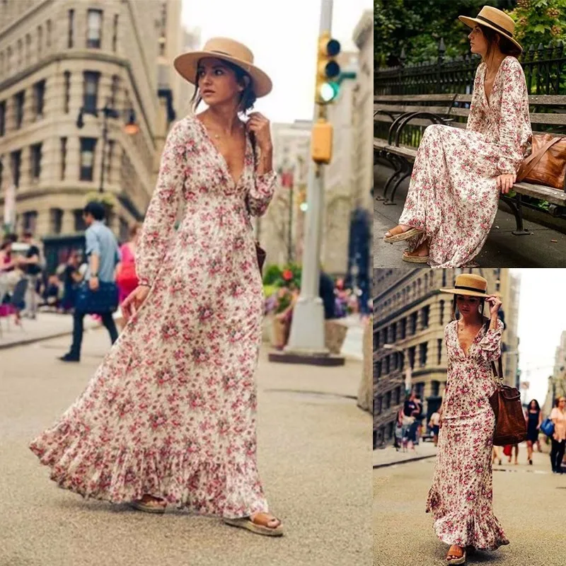 DeRuiLaDy 2019 Новый осень женское украшением виде платье цветка оборками бохо длинное