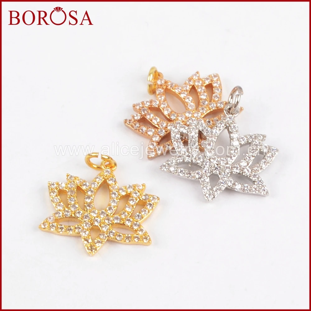 

BOROSA Gold/Rose Gold /Silver Color CZ Micro Pave White Zircons Crystal Lotus Flower Pendant for Women Necklace Jewelry WX421