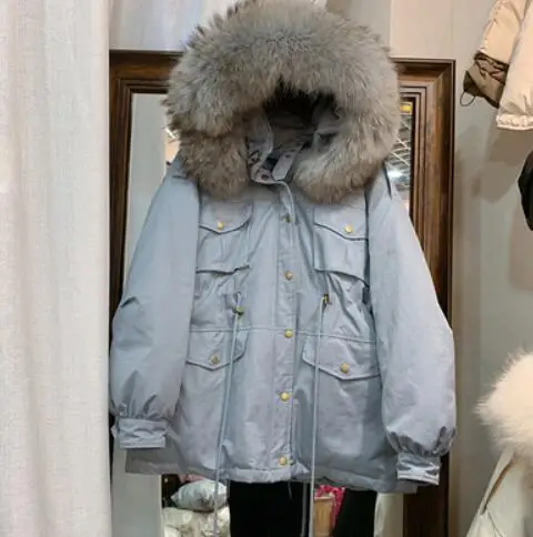 blue fur Пуховик на утином пуху зимняя куртка женские пуховики Утепленные Пальто женские с капюшоном из натурального меха енота однотонные куртки - Цвет: blue fur