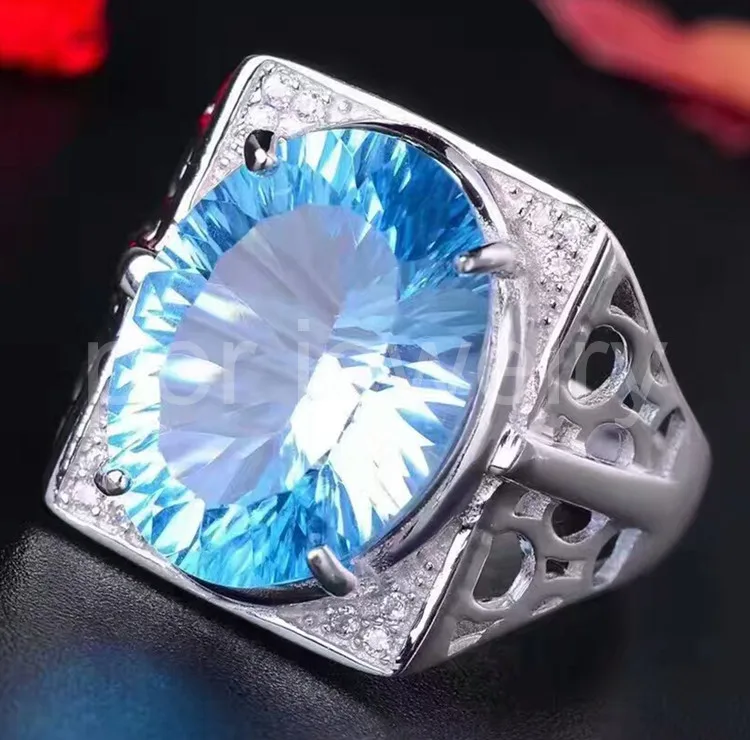 Мужское кольцо с натуральным голубым топазом 12*16 мм 14 карат|gem silver ring|gem ringsgem rings for