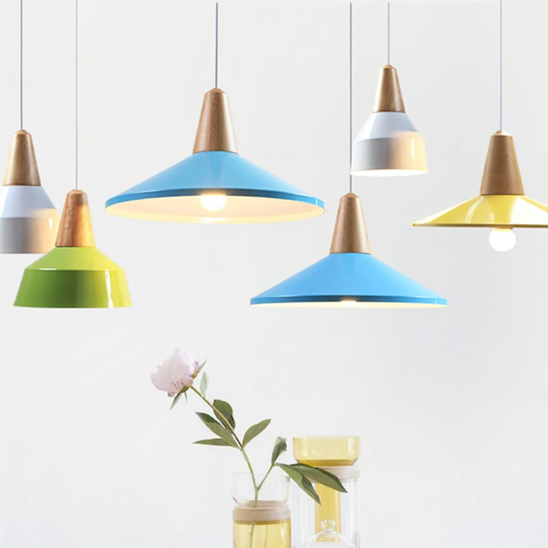 Creative Industrial Wind Iron Hanging Light Nordic Minimalist Macaron Multicolor Solid Wood E27 Pendant Lamp For Study Office | Лампы и