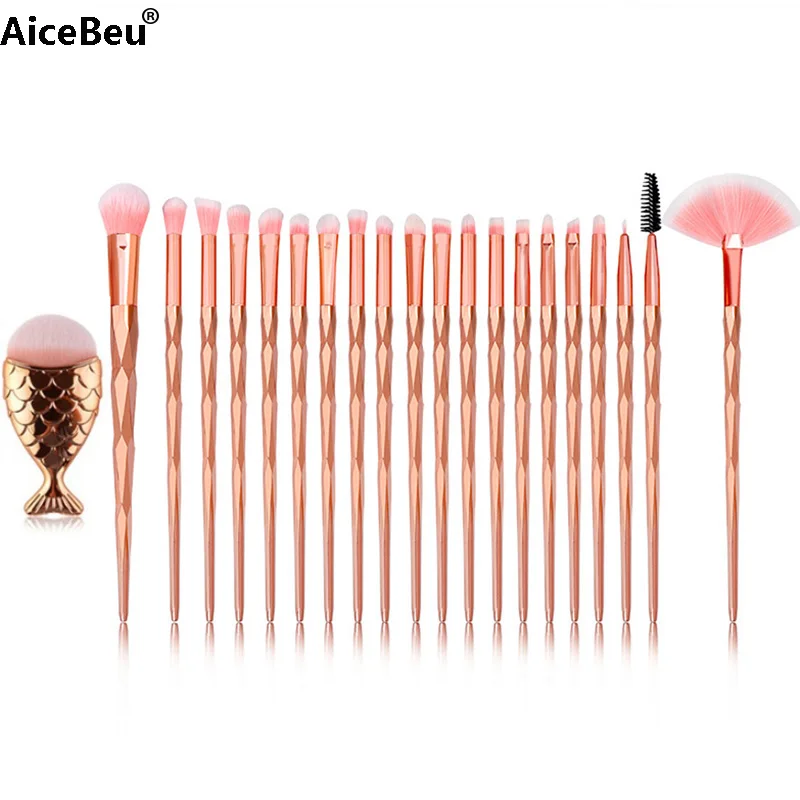 21pcs AiceBe 20 шт Алмазная Ручка кисти для макияжа Косметика Тени для век кисть для пудры+ 1 шт. Русалочка большая рыба кисти для основы - Handle Color: 21pcs