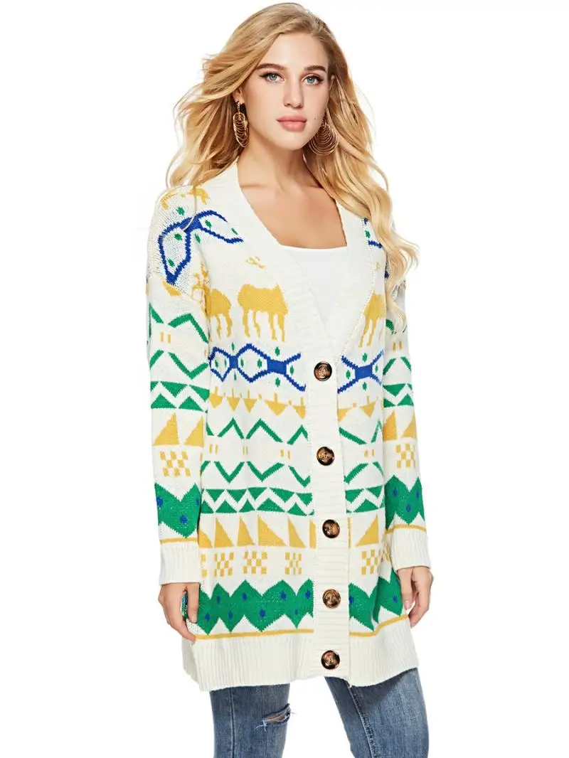 2018 Winter Runway Christmas Knitted Cardigans Coat Women Long Sleeve Poncho Wool Sweater Cartoon Print Fawn Graffiti Cardigan |