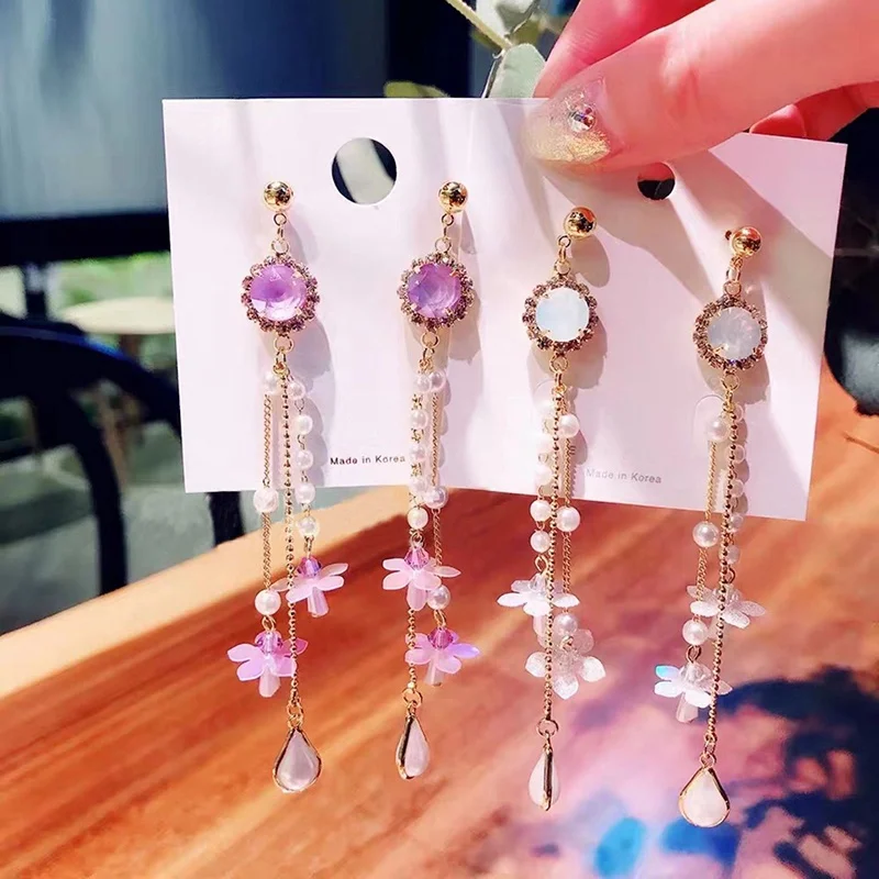 MENGJIQIAO 2019 New Korean Crystal Flower Tassel Long Drop Earrings For Women Girls Cute Pearl Geometric Dangle Pendientes Gifts | Украшения
