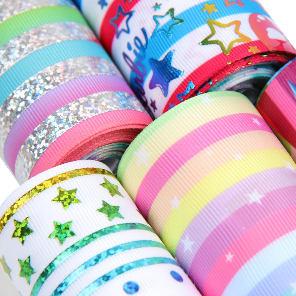 JOJO Луки 75 мм Grosgrain пятно лента с принтом в цветную полоску Блестящая бронзовая