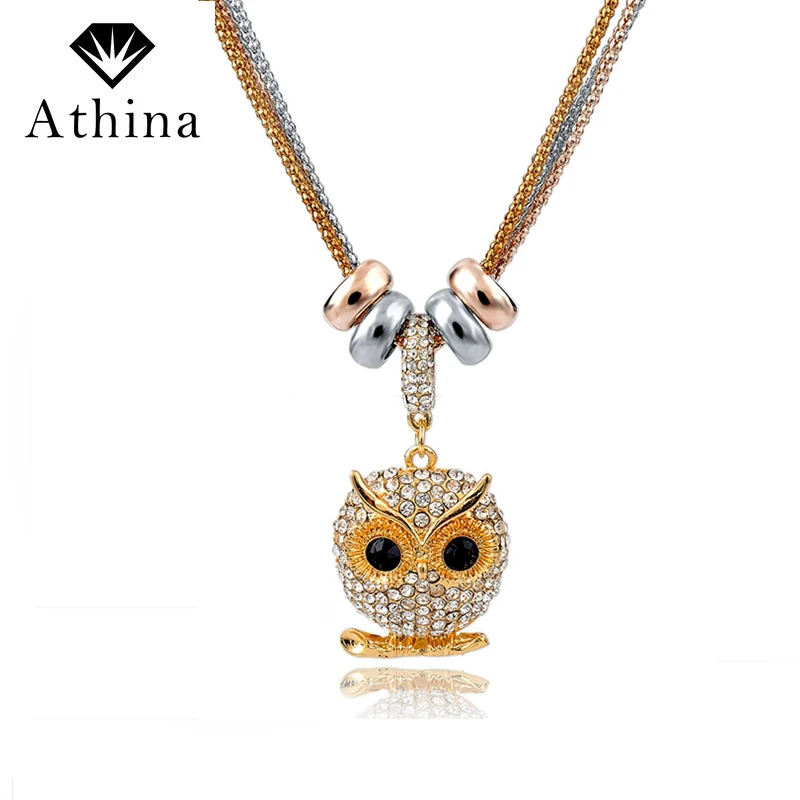 2018 модное серебряное/золотое ожерелье с кристаллами и совой для женщин длинная
