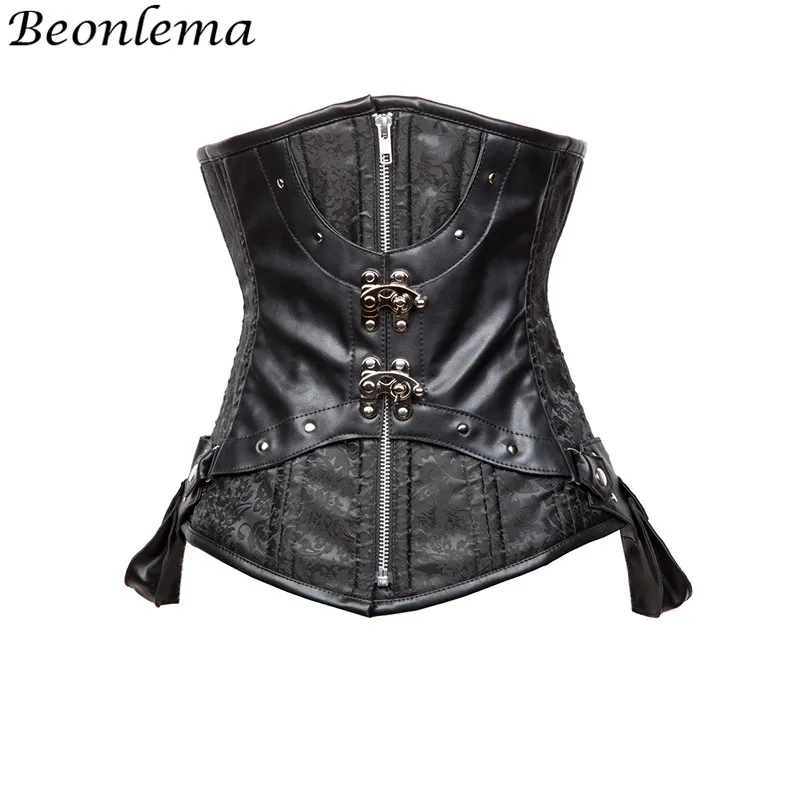 Готический корсет в стиле стимпанк сексуальный черный жаккардовый и Кожаный