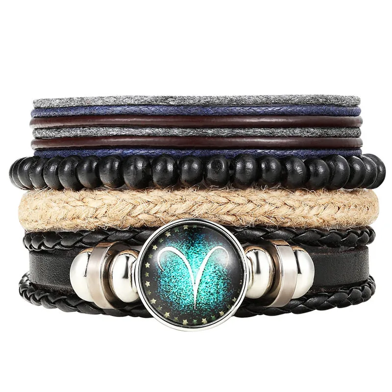 4Pcs/set Black Leather Zodiac 12 Constellation Sign with bead zodiac Bracelet Bracelets &amp Bangles For Women Men | Украшения и