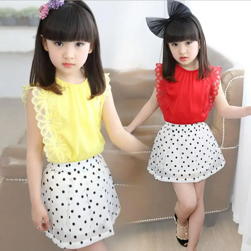 2 шт. кружевной топ и юбка пачка для девочек в горошек|Комплекты одежды девочек| |