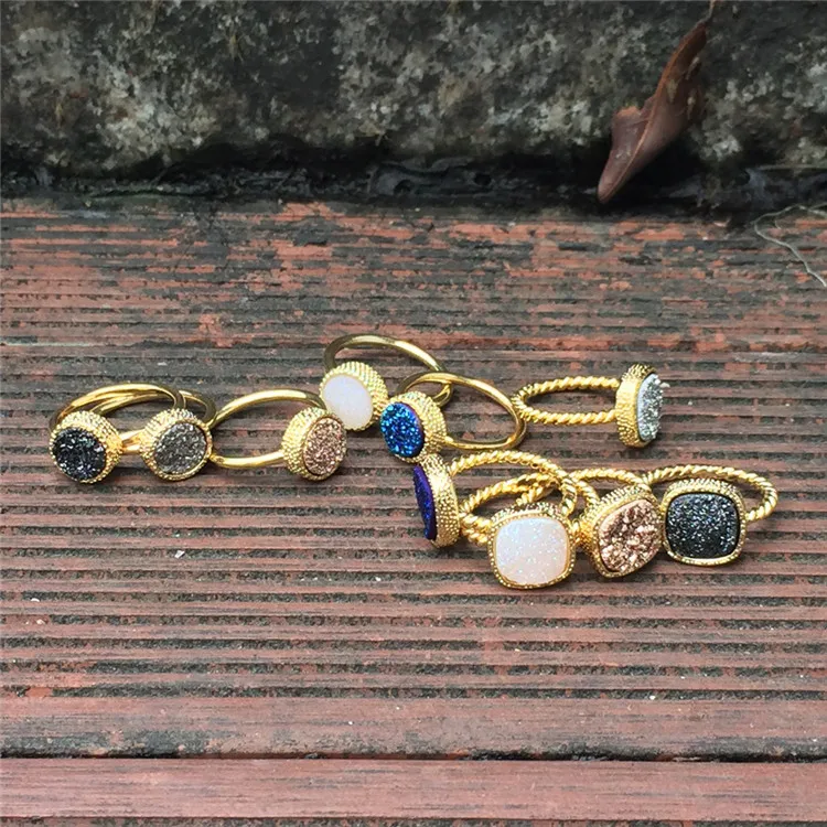 BOROSA натуральный Титан Druzy Agates кольца медь золото цвет круглый и квадратный камни синий черный Druzy кольцо размеры 6 и 7