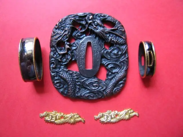 

TSUBA AND DESIGN FUCHI KASHIRA SET SAMURAI FITTINGS HAS DRAGON