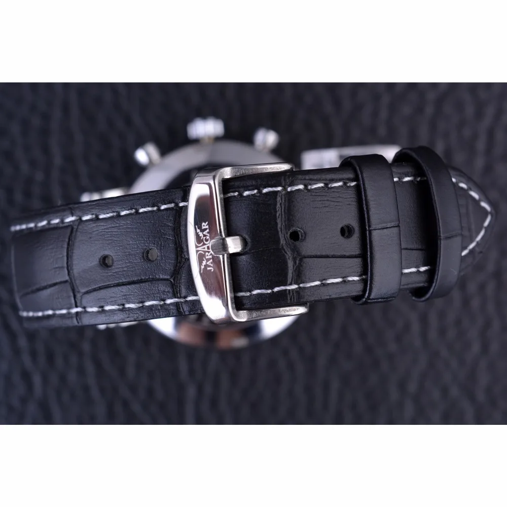 Jaragar Brand Men Automatic Self Wind Mechanical Watch White 3 Dials Calendar Blue Hands Simple Business Leather Band Wristwatch